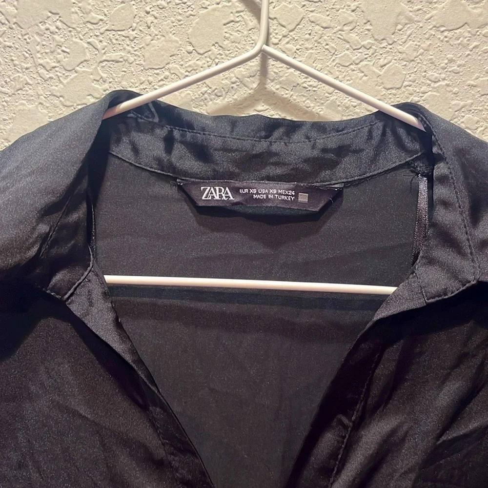 ZARA Satin Effect Black Shirt‎ Midi Dress size XS